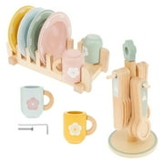 NUAHRHY 33PCS Kid Wooden Dinnerware Toy Set Safe Wood Kids Kitchen Playset Funny Toddler Kitchen Toy Children Kitchen Cutlery and Plate Toy Set Wood Plate and Dish Playset for 3-5 Years Old